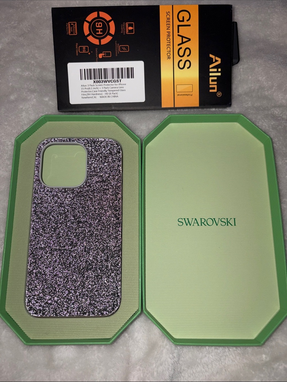 Swarovski iPhone 15 Pro Phone Case - Silver Sparkle plus 3 pack tempered glass.